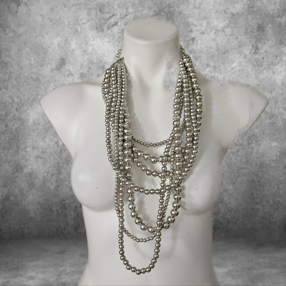 Stylish Multi-Layer Silver Bead Necklace